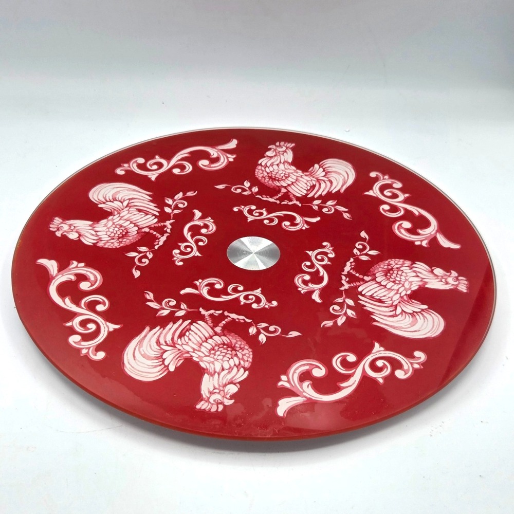 Temptations by Tara  Lazy Susan Rooster Glass Platter Red and White 13"
